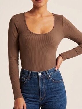 Abercrombie & Fitch Long-Sleeve Scoopneck Brown Ribbed Bodysuit